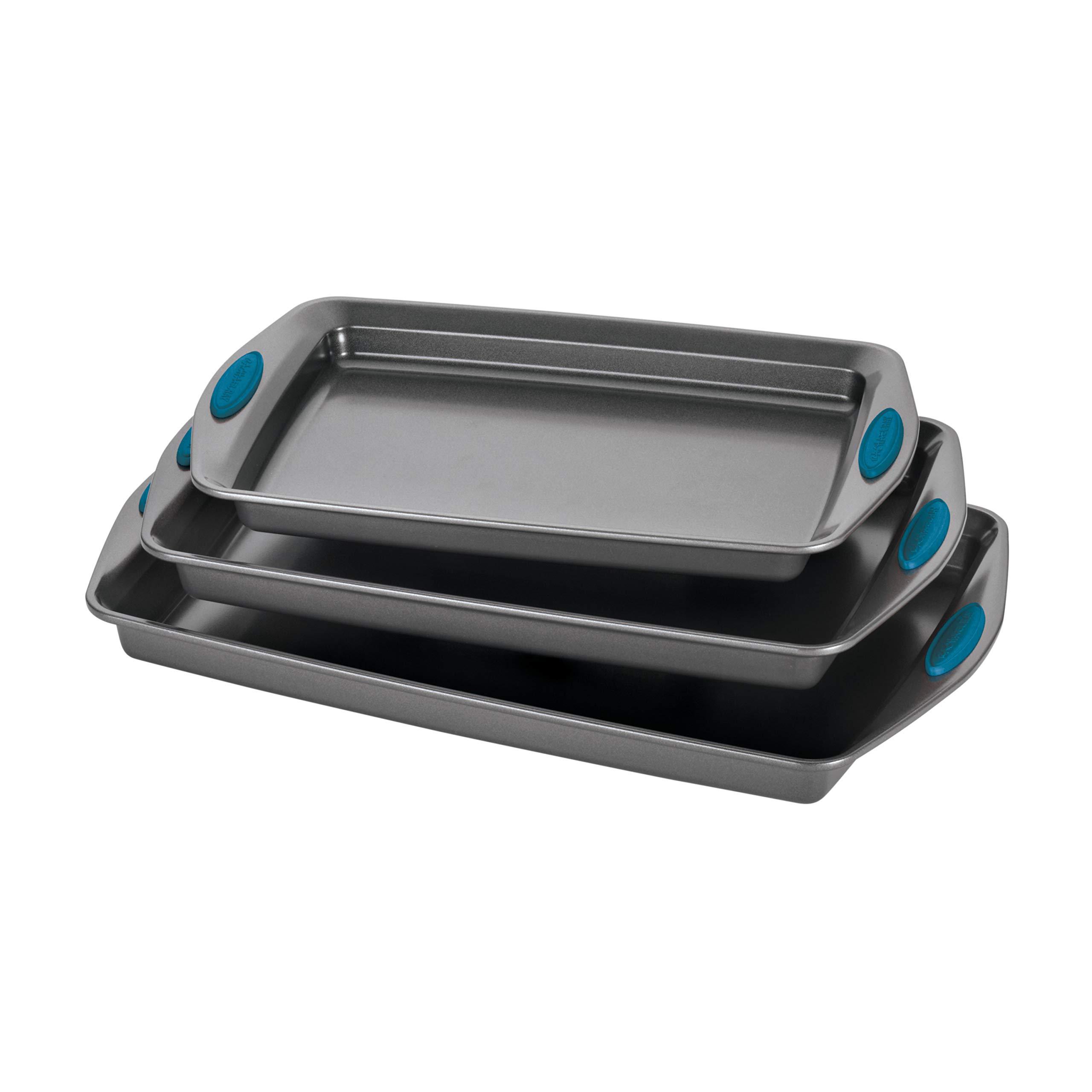 Rachael Ray Bakeware Nonstick Cookie Pan Set, 3-Piece, Gray with Marine Blue Grips image