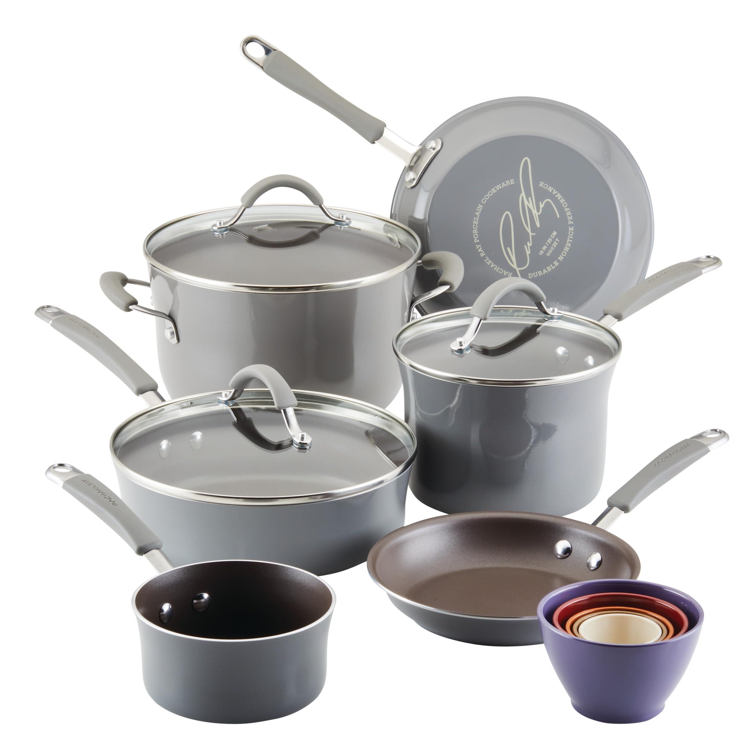 Rachael Ray Cucina Nonstick Cookware Pots and Pans with Glass Lids and Nesting Measuring Cups, 14 Piece - Sea Salt Gray image