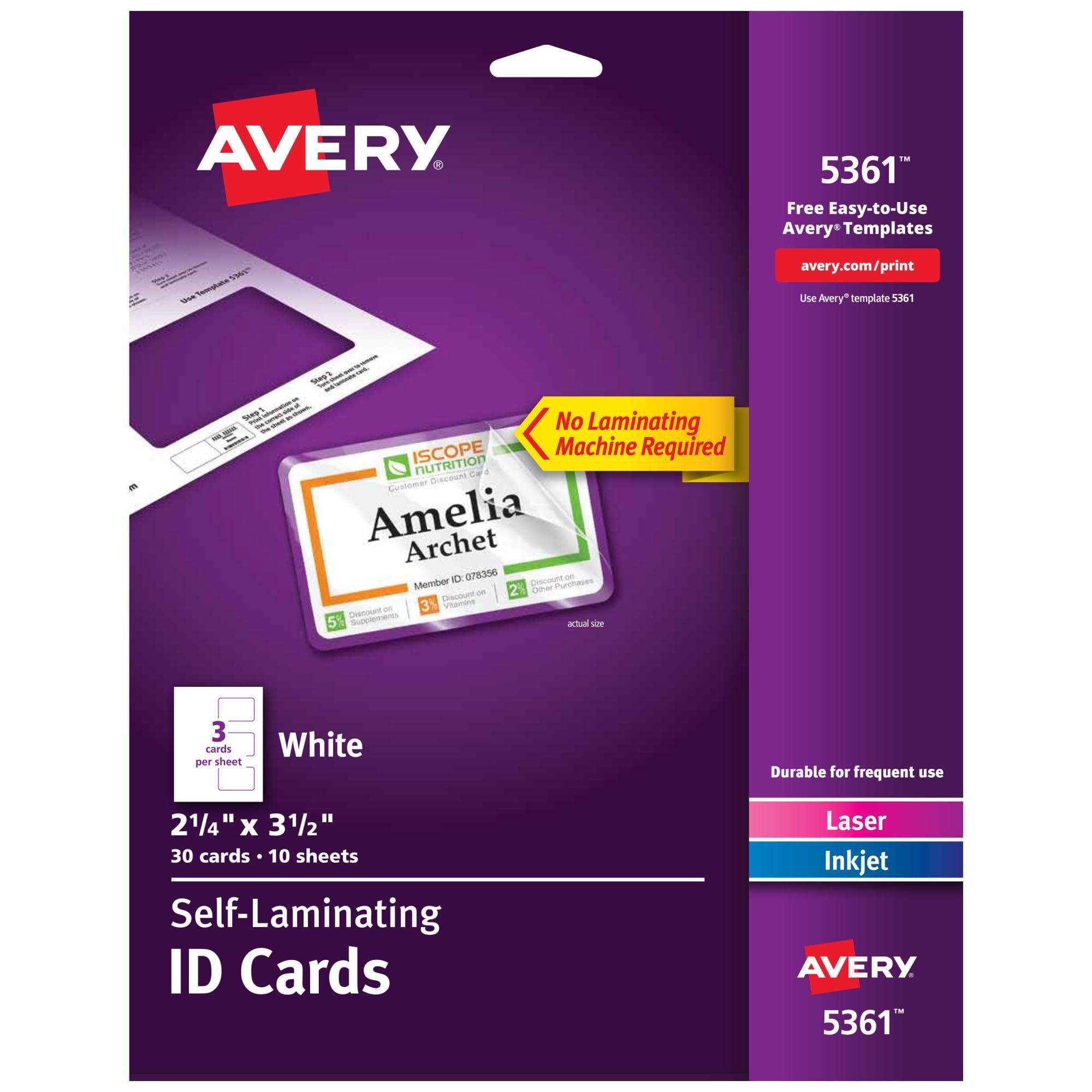 Avery Customizable Self-Laminating ID Cards, 2.25" x 3.5", White Printable Inserts, 30 Laminated ID Cards (5361) image