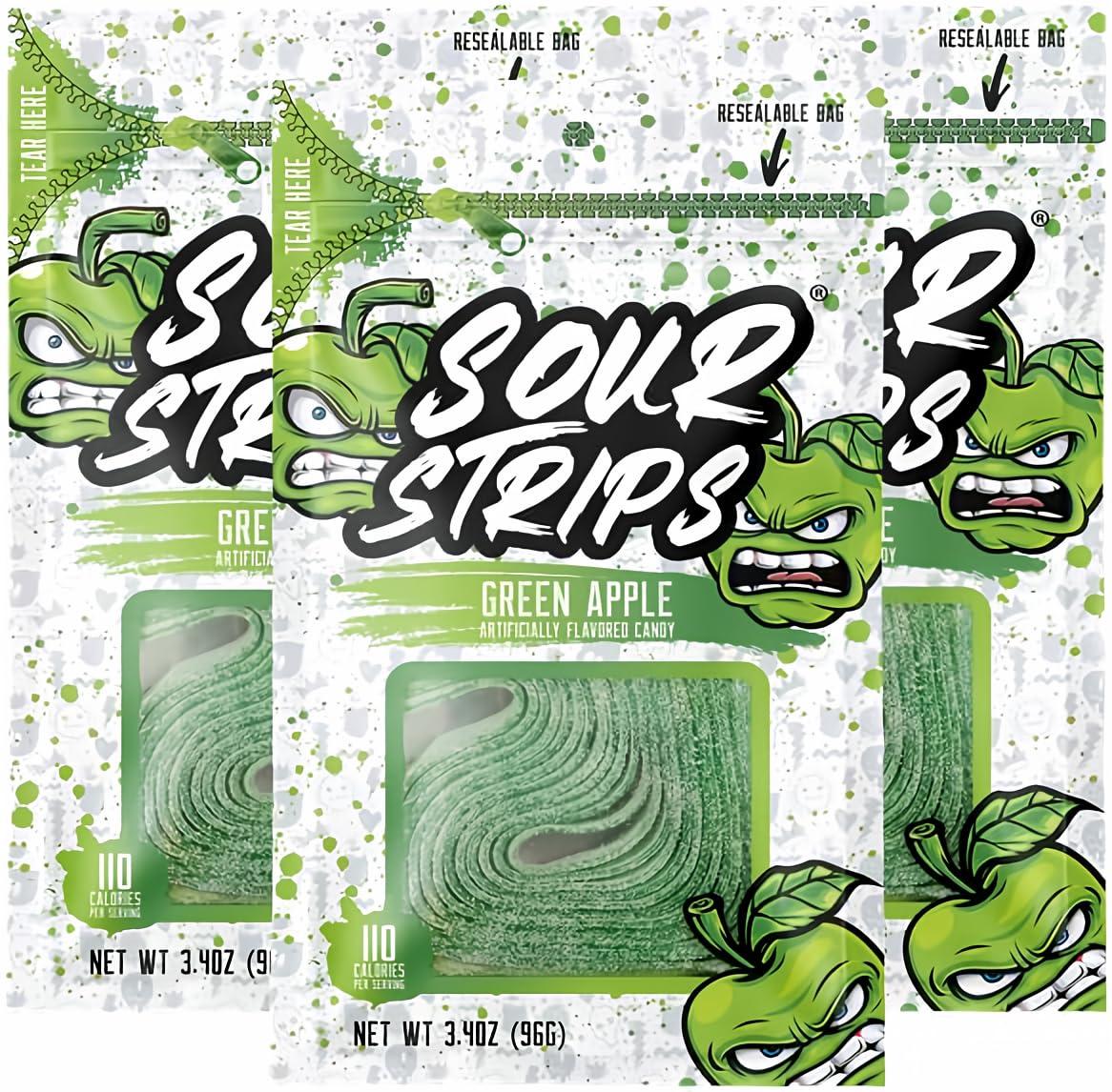 Sour Strips Sour Candy Belts, Green Apple, Resealable Candy Bags, 3.4 Ounce (Pack of 3) image