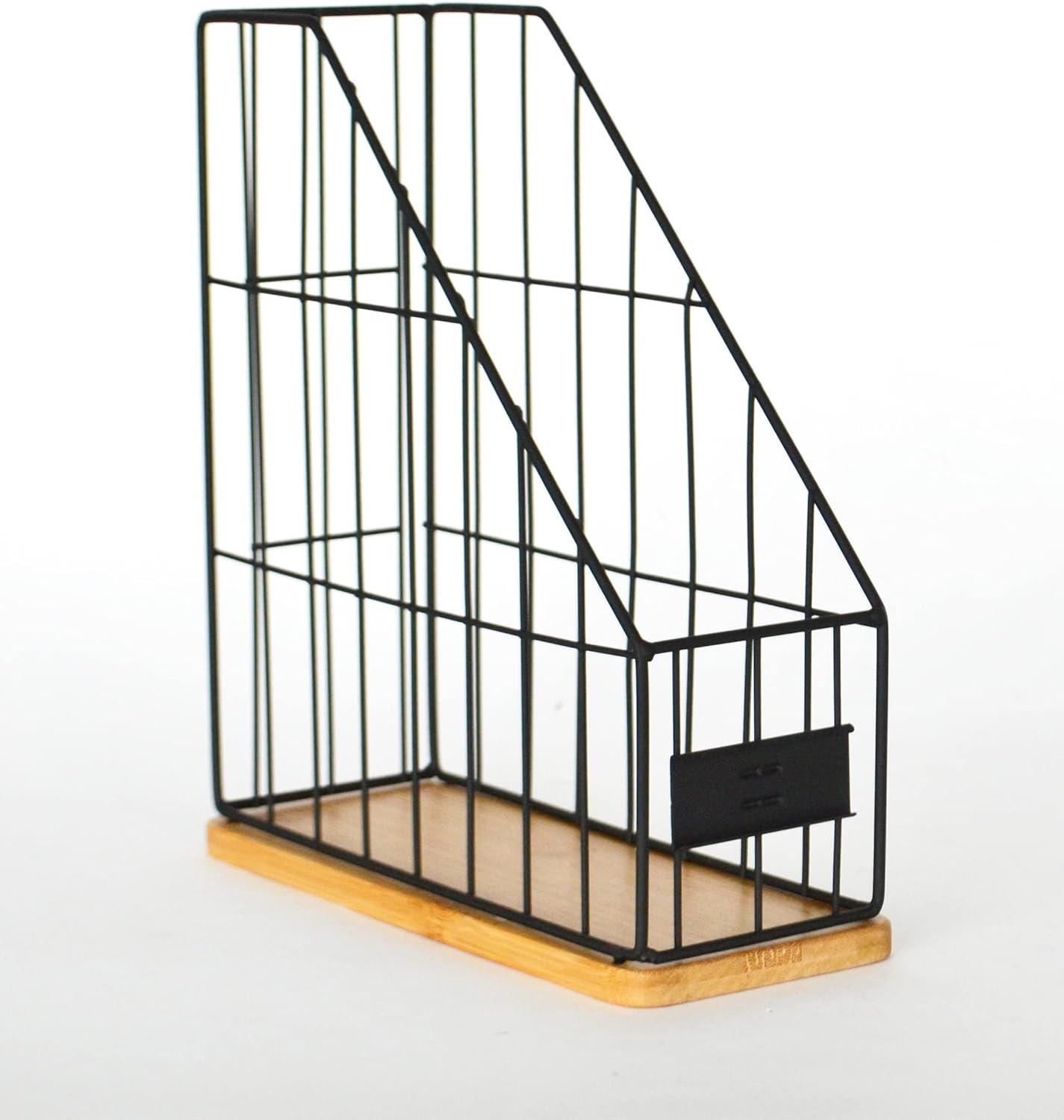 AQ File Sorter, Home/Office Desk Organizer, Larger Holder for Papers, Files, Documents, Letters, etc., Wire & Wood Design - Matte Black & Bamboo image