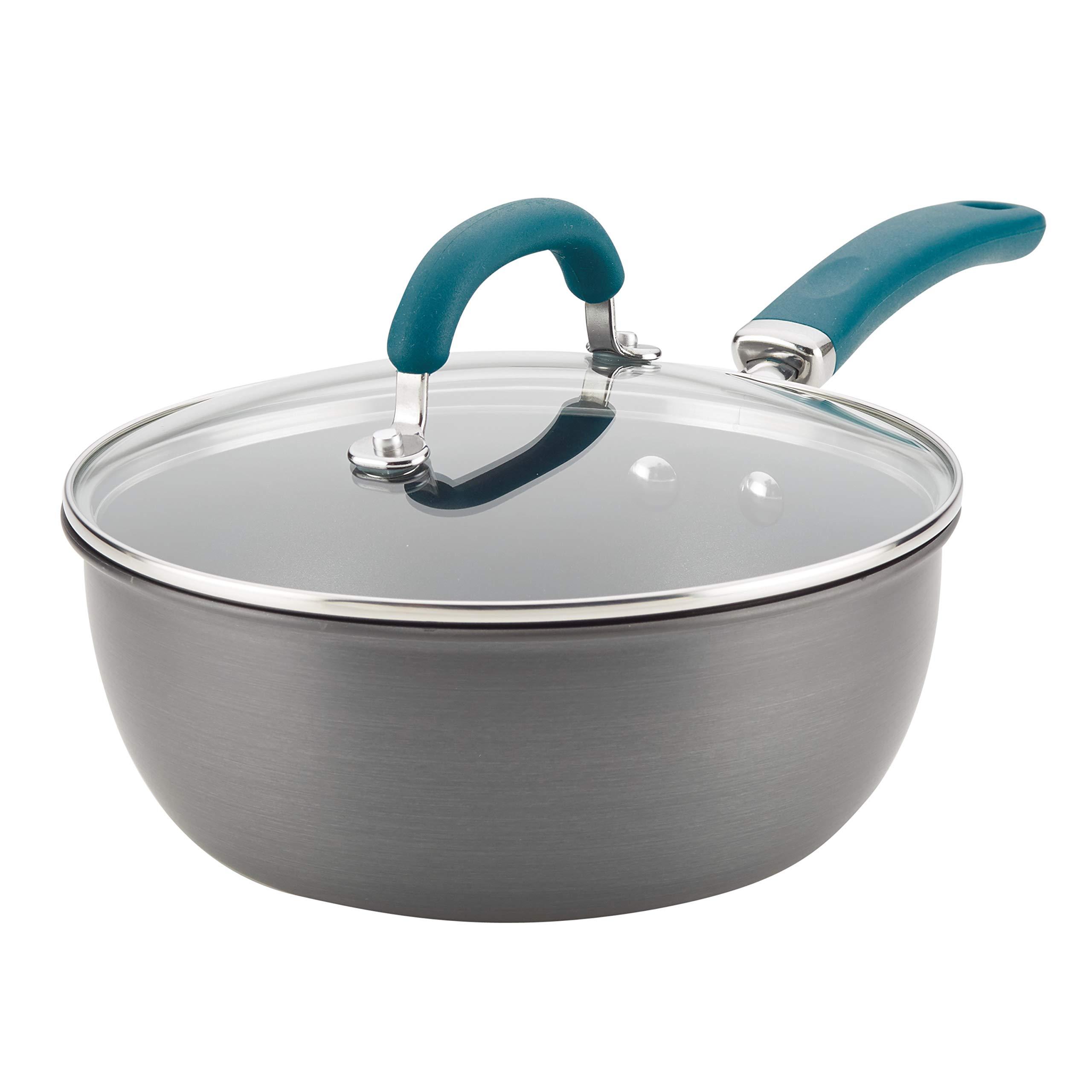 Rachael Ray Create Delicious Hard Anodized Nonstick Saute/All Purpose Pan with Lid, 3 Quart - Gray With Teal Handles image
