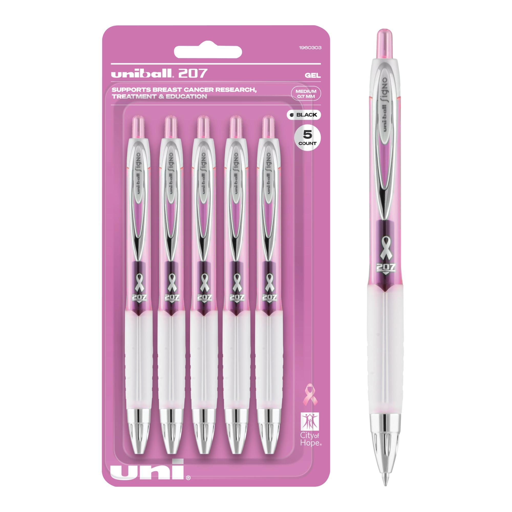 uniball 207 Pink Ribbon Gel Pens, Medium Point (0.7mm), Black, 5 Pack