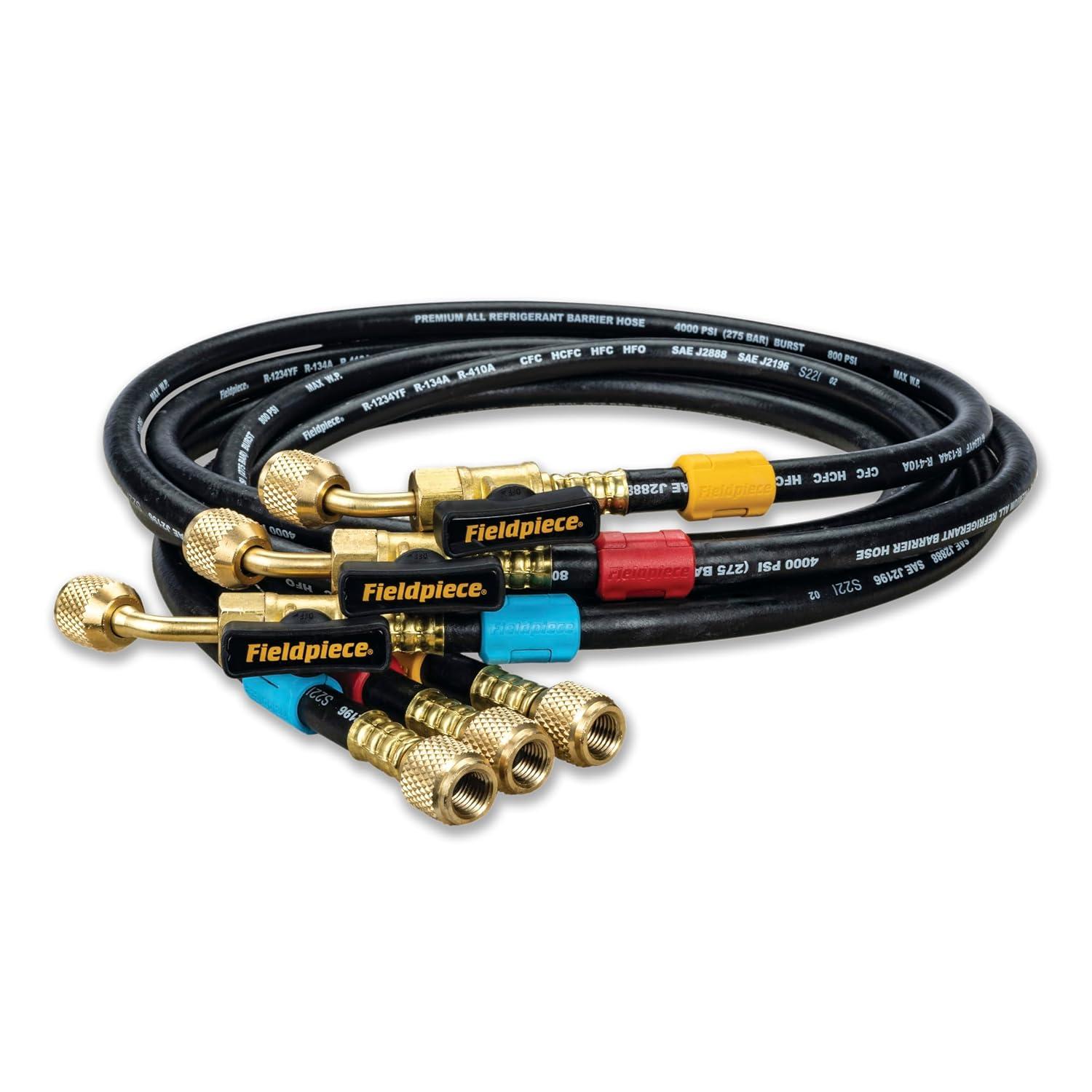 Fieldpiece HR3B - ¼" Ball Valve Hose Set - 5 ft Refrigerant Charging & Recovery Hoses - A2L Compatible - 3-Pack with Color Tags - 800 PSI Working image