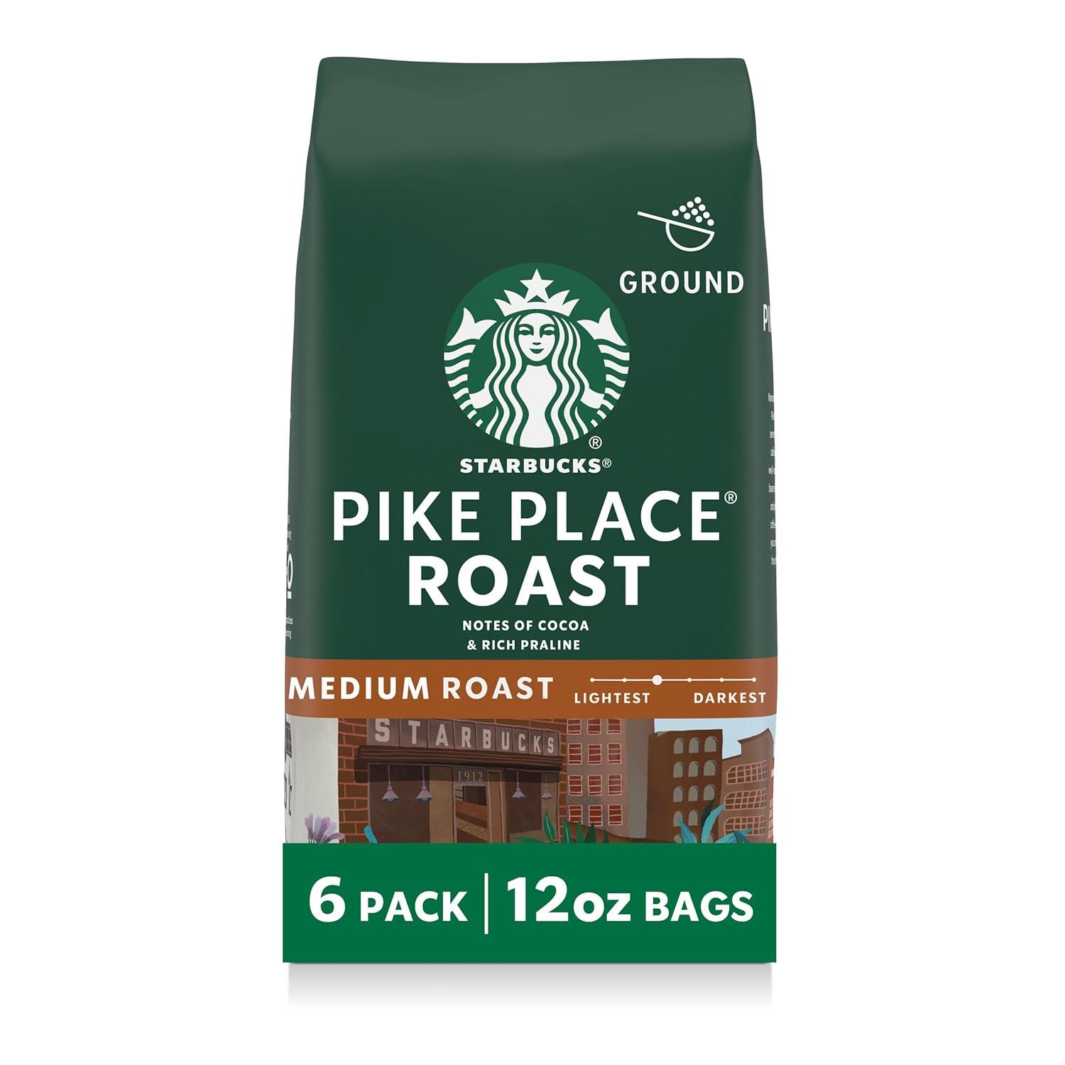 Starbucks Ground Coffee, Medium Roast Hot or Iced Coffee, Pike Place Roast, Six 12 oz Bagsā image