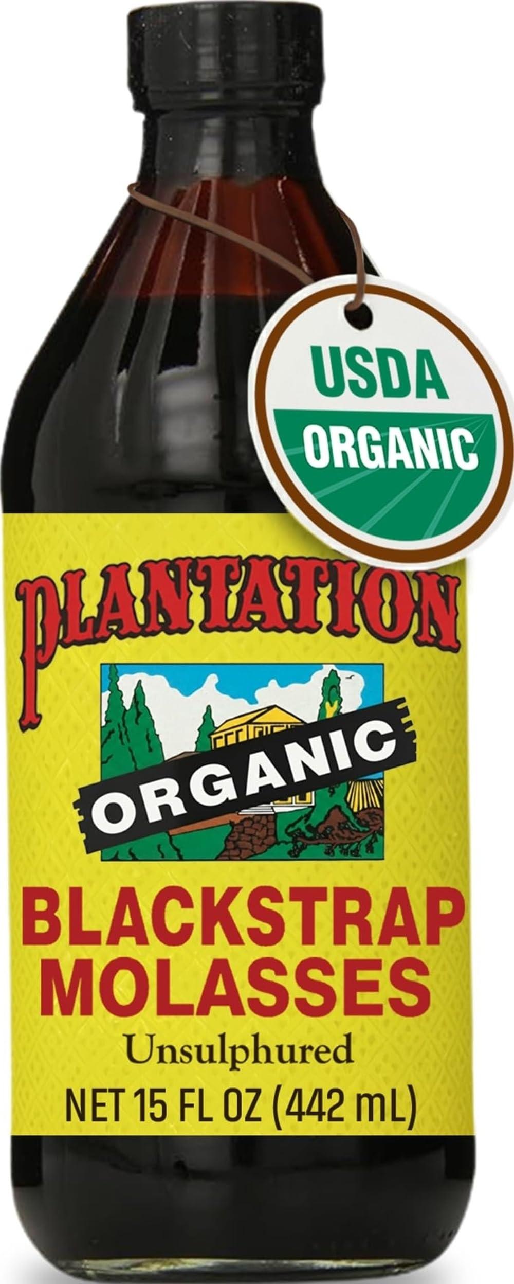 Plantation Organic Blackstrap Molasses 15 oz - USDA Organic Unsulphured Blackstrap Molasses, Natural Sweetener for Baking, Cooking & Beverages image