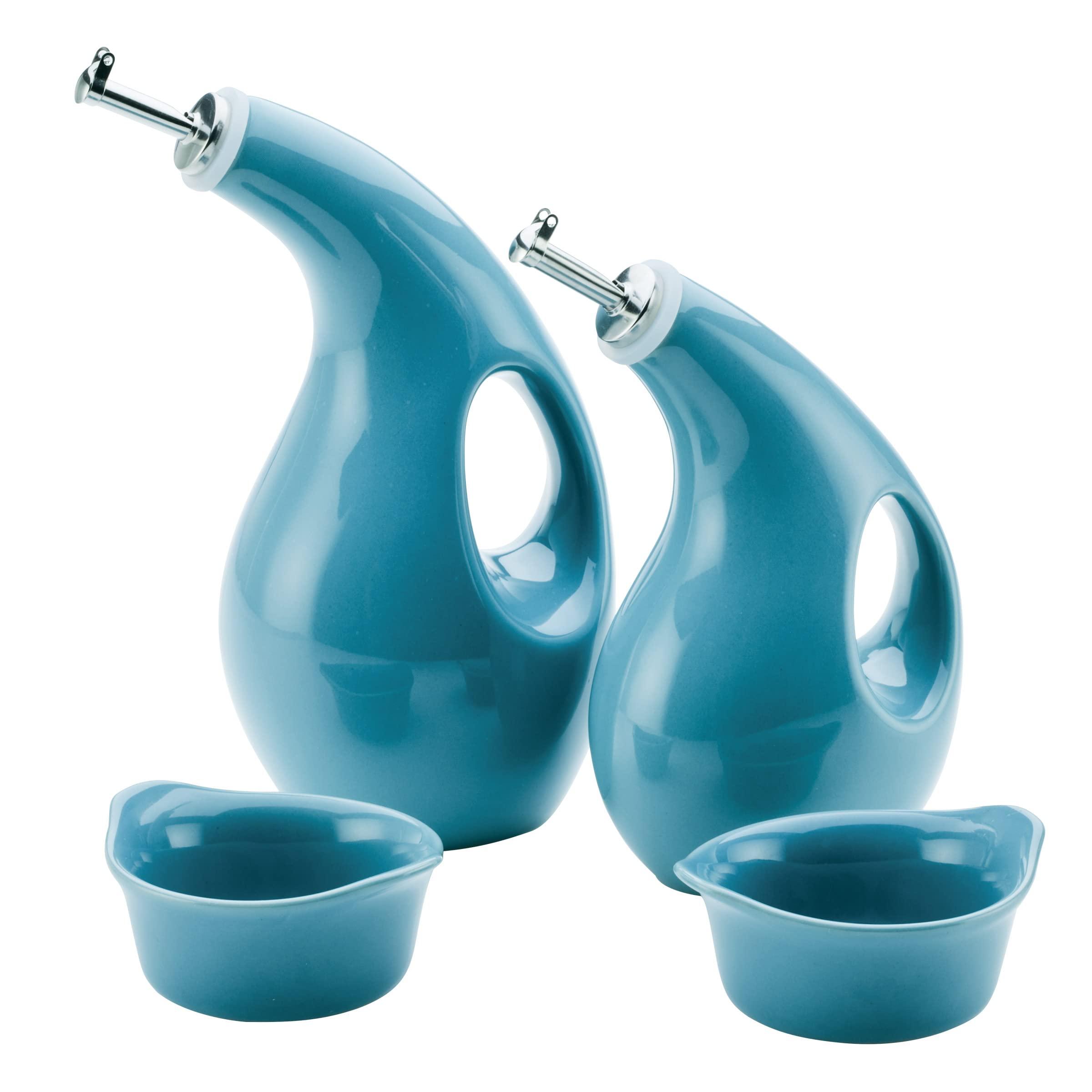 Rachael Ray Serveware Ceramics EVOO and Ramekin Dipper Set, 4 Piece, Agave Blue image