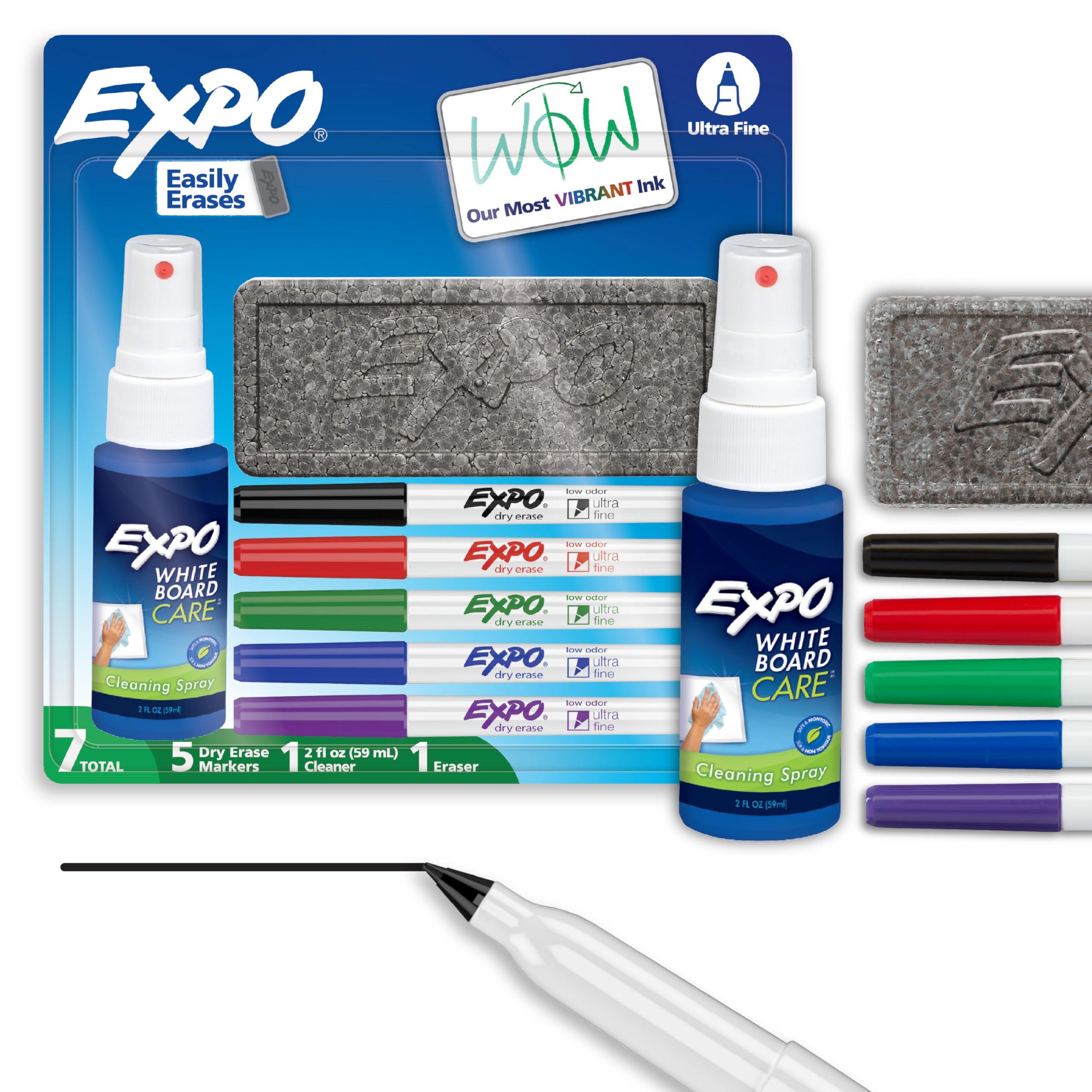 EXPO Dry Erase Markers Kit, Ultra Fine Tip, Assorted Colors, Eraser, Spray Cleaner, 7 Count - Whiteboard, Calendar, Office, School, Classroom, Teacher Supplies image