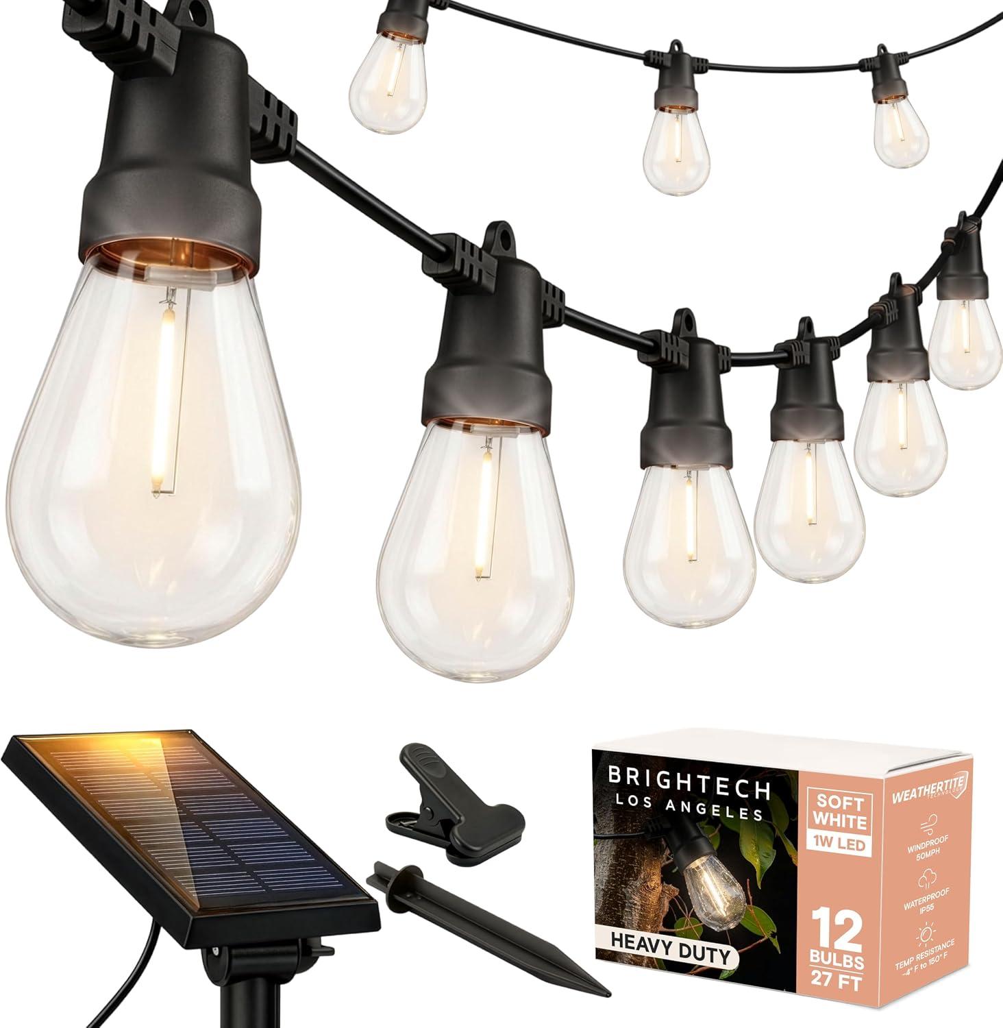 Brightech Ambience Pro Solar Powered Outdoor String Lights -27 ft Commercial Grade Waterproof Edison Patio Lights, Shatterproof LED String Lights for Outside, Porch - 12 Bulbs, 1W Soft White image