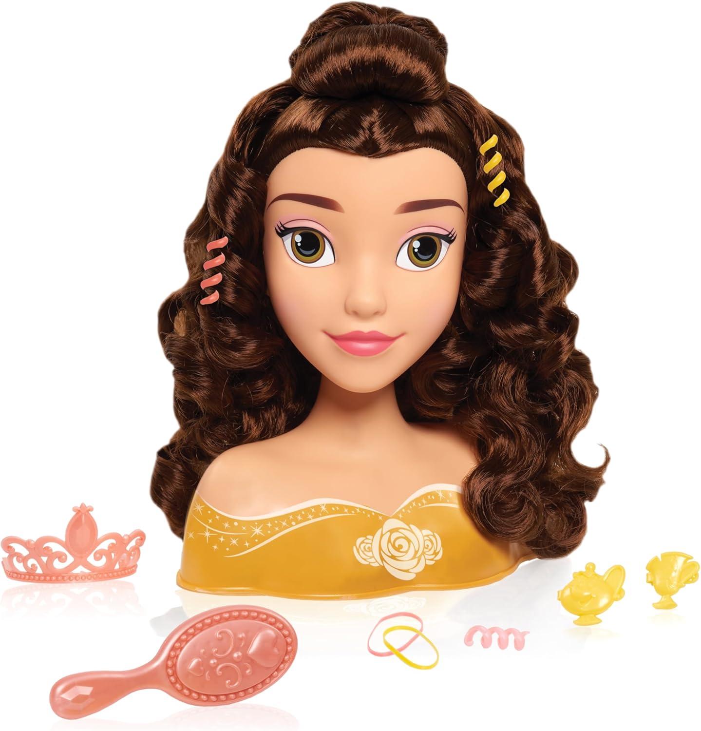Disney Princess Belle Styling Head, Brown Hair, 10 Piece Pretend Play Set, Beauty and the Beast, Officially Licensed Kids Toys for Ages 3 Up by Just Play image