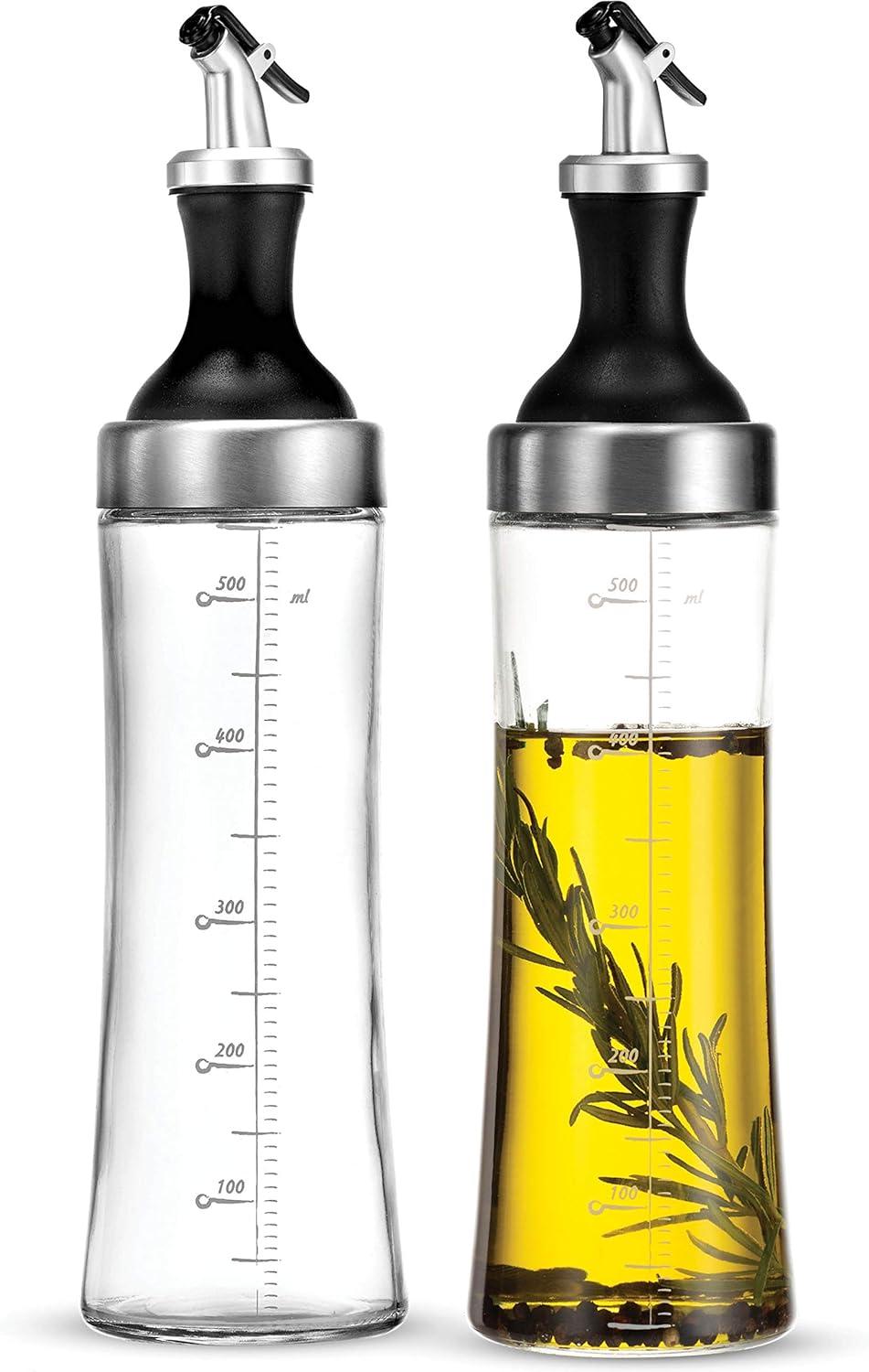 FineDine Superior Glass Oil and Vinegar Dispenser, Modern Olive Oil Dispenser, Wide Opening for Easy Refill and Cleaning, Clear Glass Oil Bottle, Pouring Spouts, 18 Oz. Cruet Set (Set of 2) image