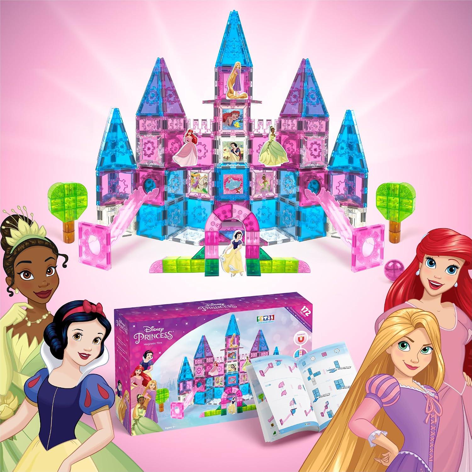 Disney Princess Toys Magnetic Tiles Castle Set - 172-Piece STEM Building Toy with Ariel, Moana, Snow White, Tiana & Rapunzel Characters, Marble Run Slides, Disney Toys for Girls Ages 3+ image