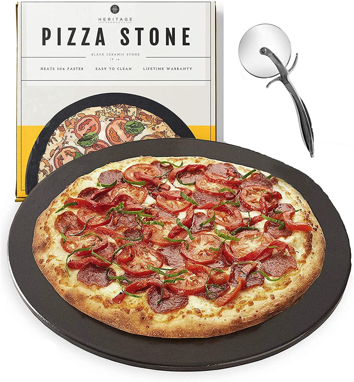 Heritage 15" Ceramic Pizza Stone Set - Non-Stick, Stain-Free with Bonus Cutter - Black image