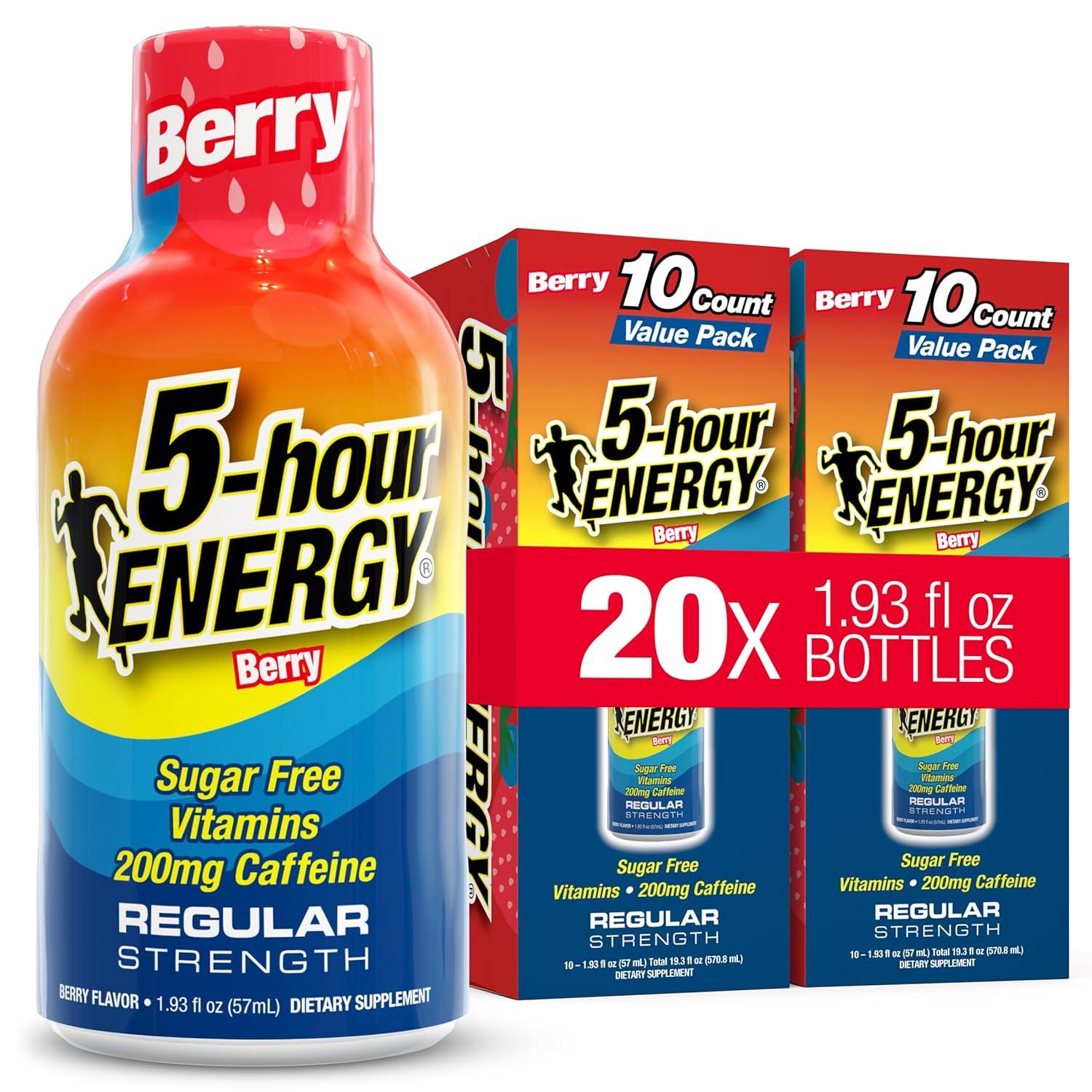 5-hour ENERGY BERRY Flavor, 20 Count, 1.93 Fl Oz Energy Shot, Regular Strength, Amino Acids, B Vitamins, Sugar Free and Zero Calories
