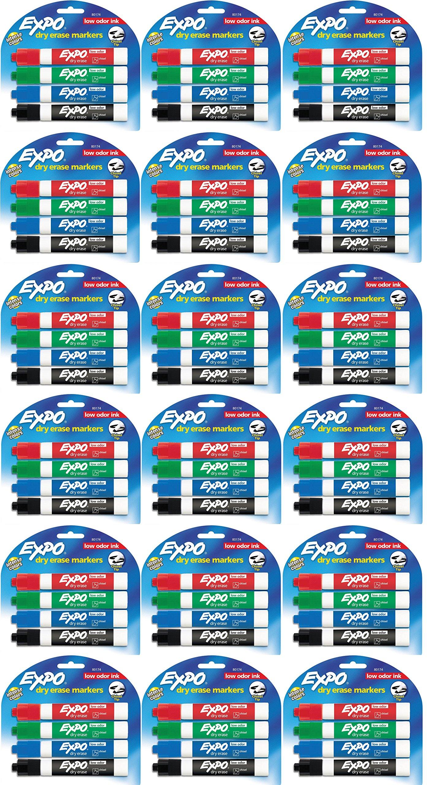 Expo 80174 Low Odor Chisel Point Dry Erase Marker Pack, Designed for Whiteboards, Glass and Most Non-Porous Surfaces, 4 Assorted Color Markers, Pack of 18 Blister image