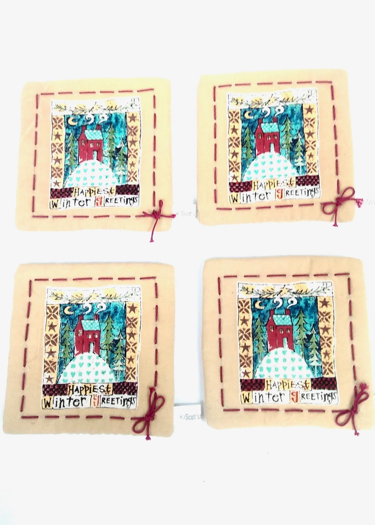 Winter Greeting Fabric Coaster Set/4