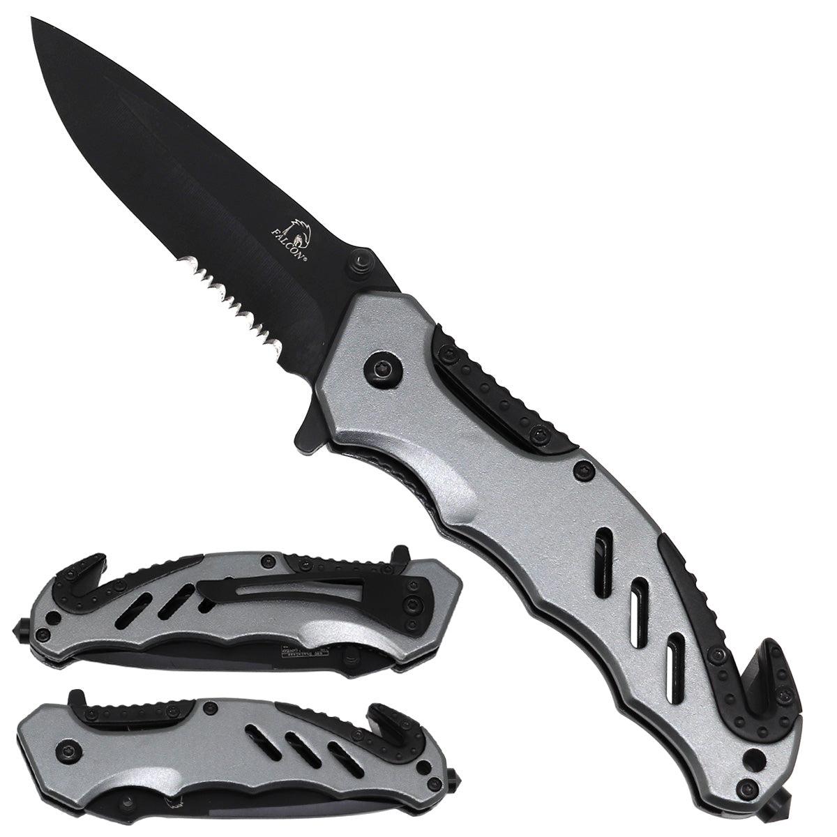 "Falcon EDC Pocket Knife 4.75"" Black Blade/ Bicolor Gray Aluminum Handle / Spring Assisted Knife"