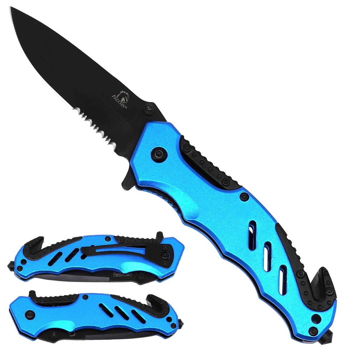 "Falcon Spring Assisted Pocket Knives - 4.75"" Black Blade/ Bicolor Aluminum Blue Handle " image