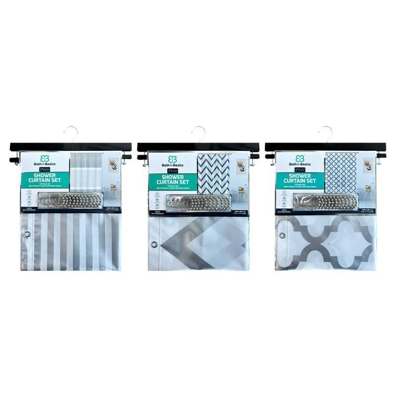CH10607_13PCS SILVER PEVA SHOWER CURTAIN W/HOOKS SET ASST- 24 image