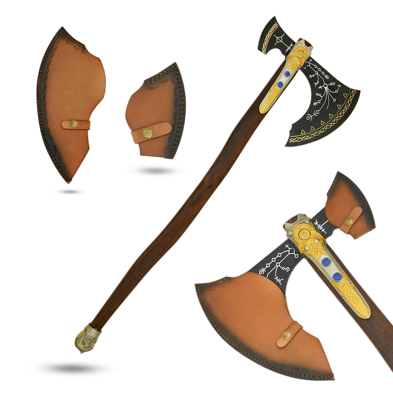 Medieval Warrior Fantasy Viking Battle Axe — Ornate Gold-Inlay Fantasy Tomahawk image