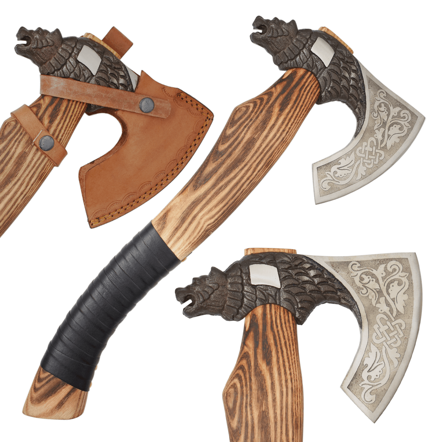 Medieval Warrior Bearded Viking Dragon Axe-Floral Laser-Etched Blade & Leather Sheath image