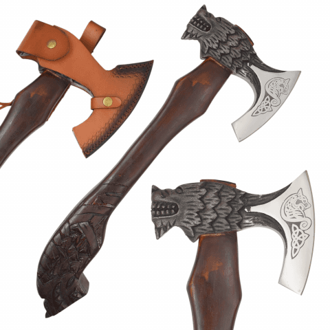 Medieval Warrior Dragon-Headed Viking Bearded Axe | Hand-Carved Wood Handle