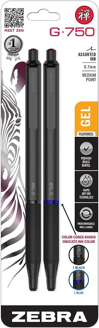 Zebra Pen G-750 Metal Pen - Medium Point, 0.7mm - 2 Pack (1 Black &1 Blue)