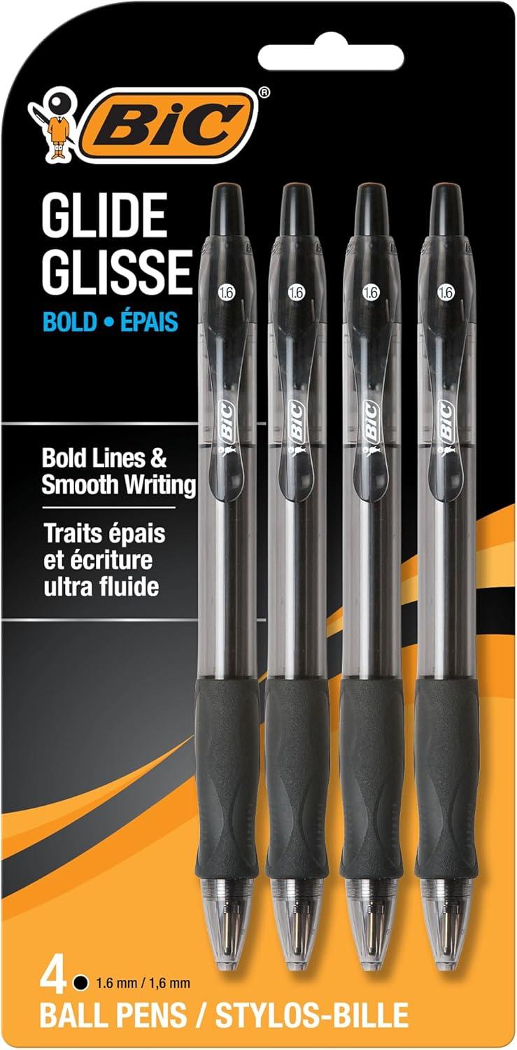 BIC Glide Bold Black Ballpoint Pens, Bold Point (1.6mm), 4-Count Pack