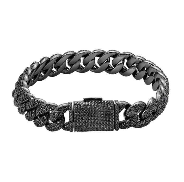Sterling Silver 12mm Round Black Moissanite Miami Cuban 8 Inch Mens Bracelet BP+BP 7-3/4 Cttw image