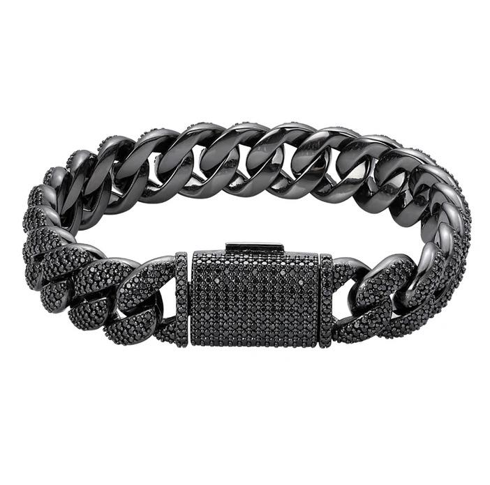 Sterling Silver 15mm Round Black Moissanite Miami Cuban 8.5 Inch Mens Bracelet BP+BP 12-1/10 Cttw image