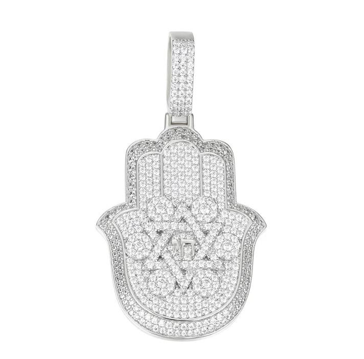 Sterling Silver Round Moissanite Hamza Hand Religious Pendant RP 3-5/8 Cttw