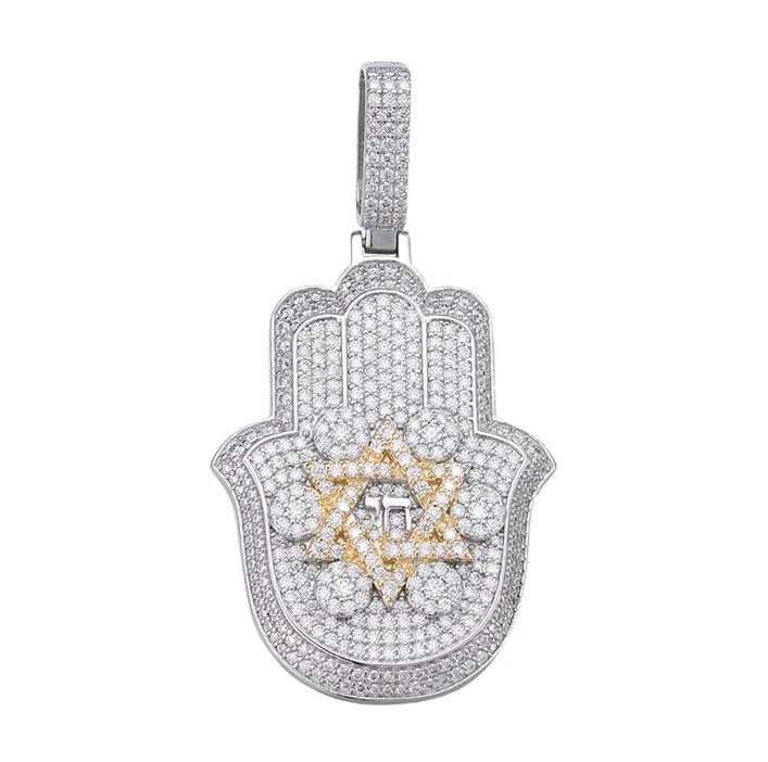 Sterling Silver Round Moissanite Hamza Hand Religious Pendant RP+GP 3-5/8 Cttw