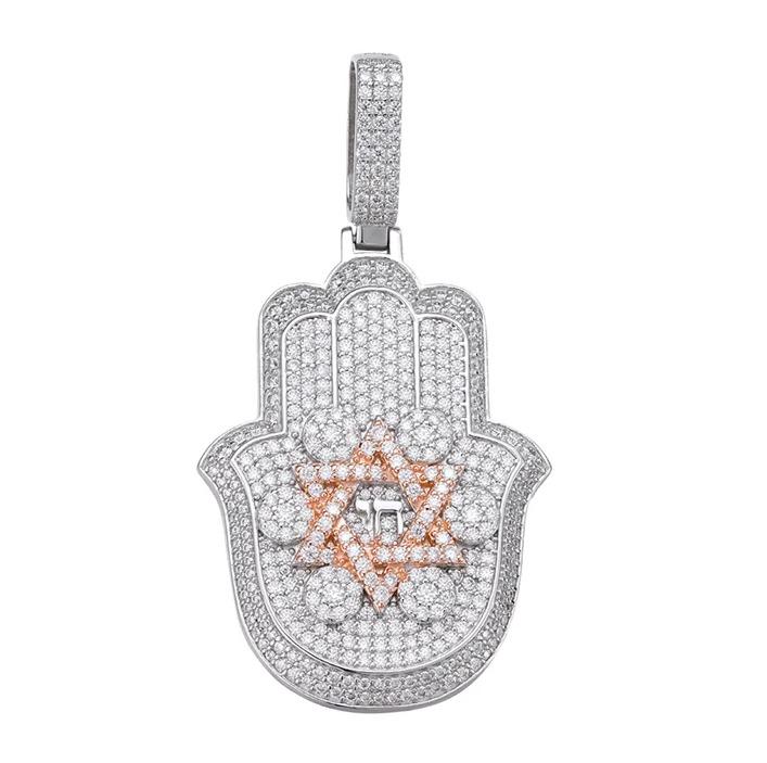 Sterling Silver Round Moissanite Hamza Hand Religious Pendant RP+PP 3-5/8 Cttw