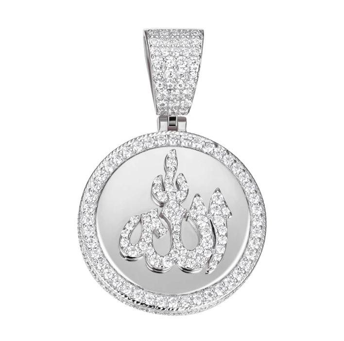 Sterling Silver 35mm Round Moissanite Muslim God Allah Religious Pendant RP 4-5/8 Cttw