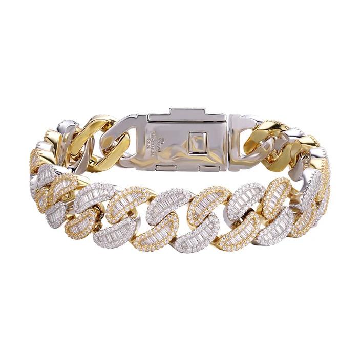 Sterling Silver Round 15mm Moissanite Round and Baguette in Centre Cuban 8.50 Inch Bracelet RP+GP 15-7/8 Cttw