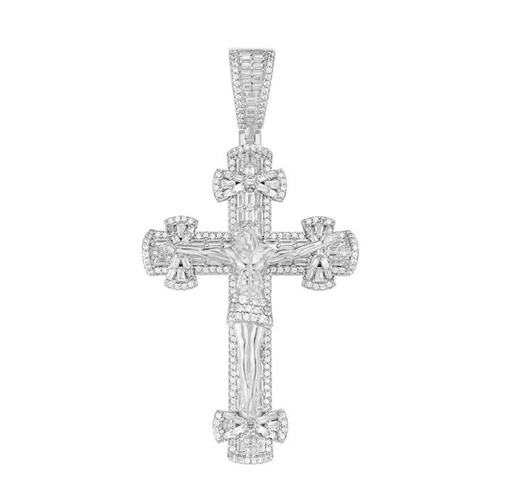 Sterling Silver Round Moissanite Cross Religious Pendant RP 5-1/2 Cttw