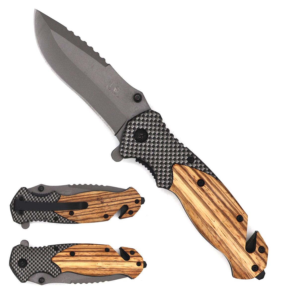 Falcon 8" Grey Blade With Wood & Carbon Fiber Handle Spring Assisted Knife image