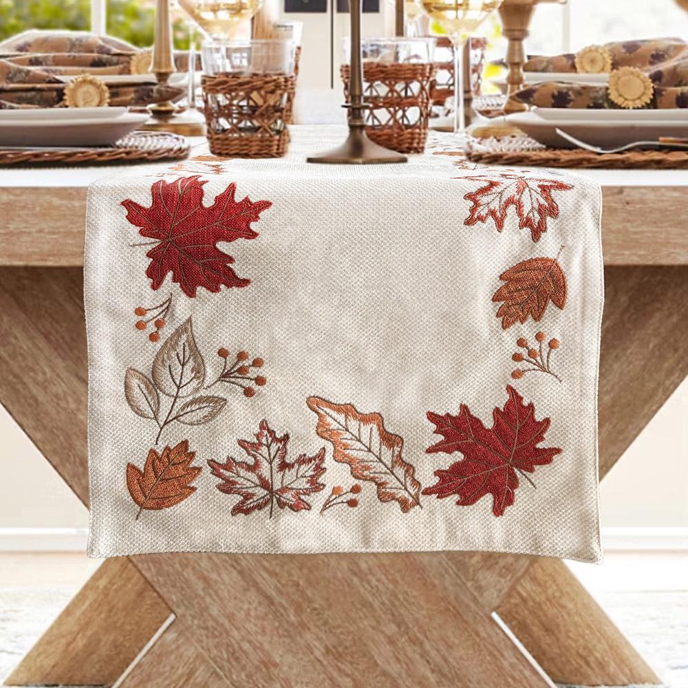 Fall Autumn Leaves Embroidered Table Runner, Decorative Thanksgiving Table Decor, Rust leaves, Maple Leaves, 16x72inch image