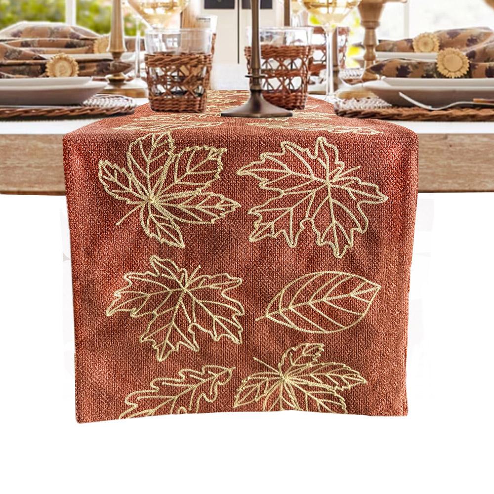 Fall Maple Leaf Embroidered Table Runner, Rust Orange with Gold Stitching, Rustic Farmhouse Decor 16x72inch image