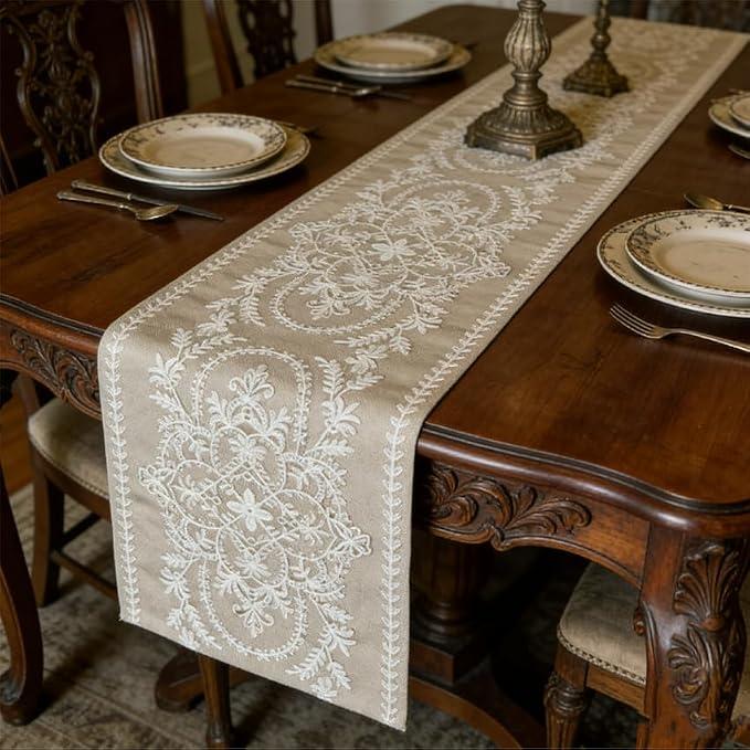 Chainstich Embroidered Floral Mandala Table Runner, Beige Jacquard Rhombus Pattern Fabric with White Embroidery, Elegant Vintage Style, 16x87 image