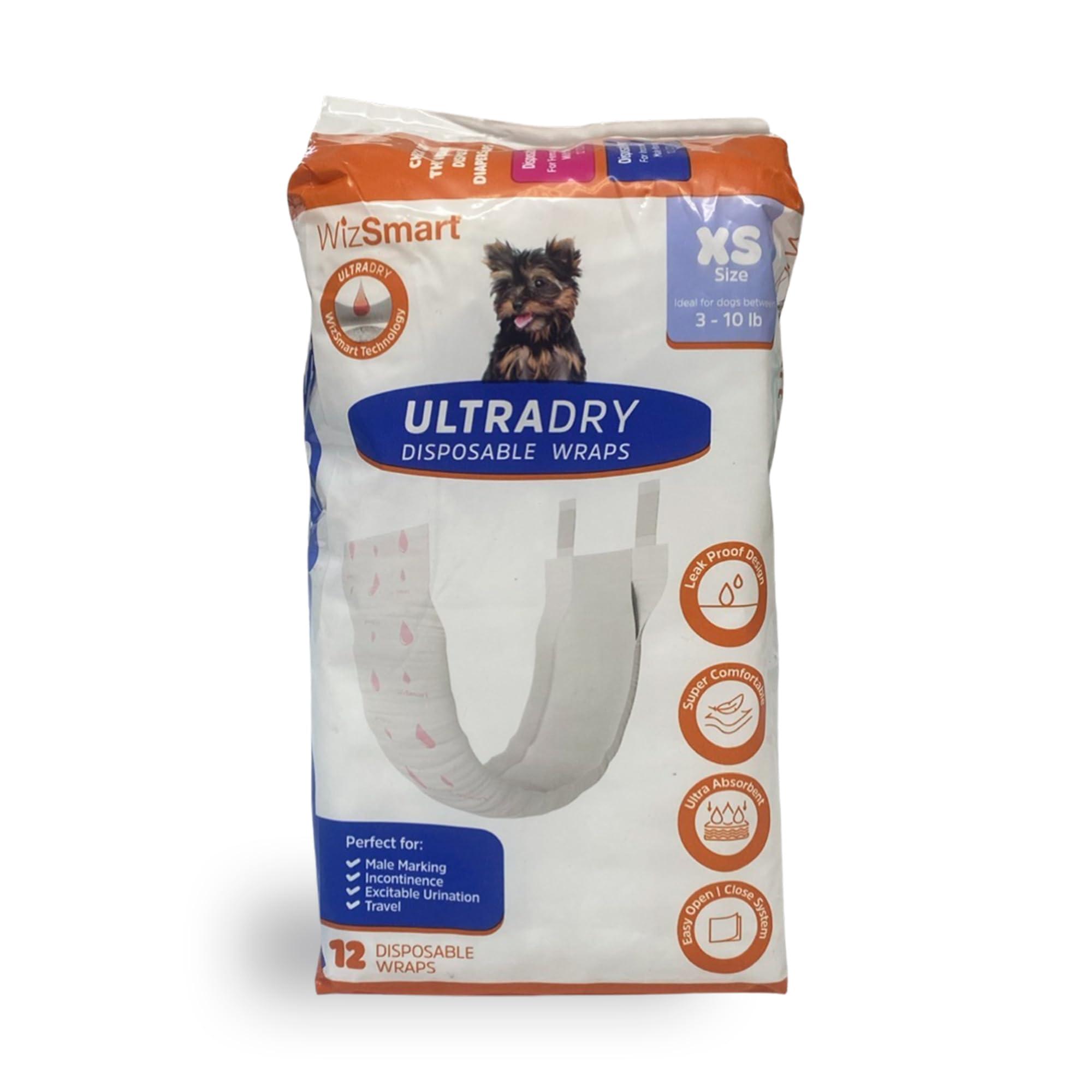 WizSmart Ultra Dry Male Dog Wraps for Extra Small 3-10 lbs Dogs - 12 Count image