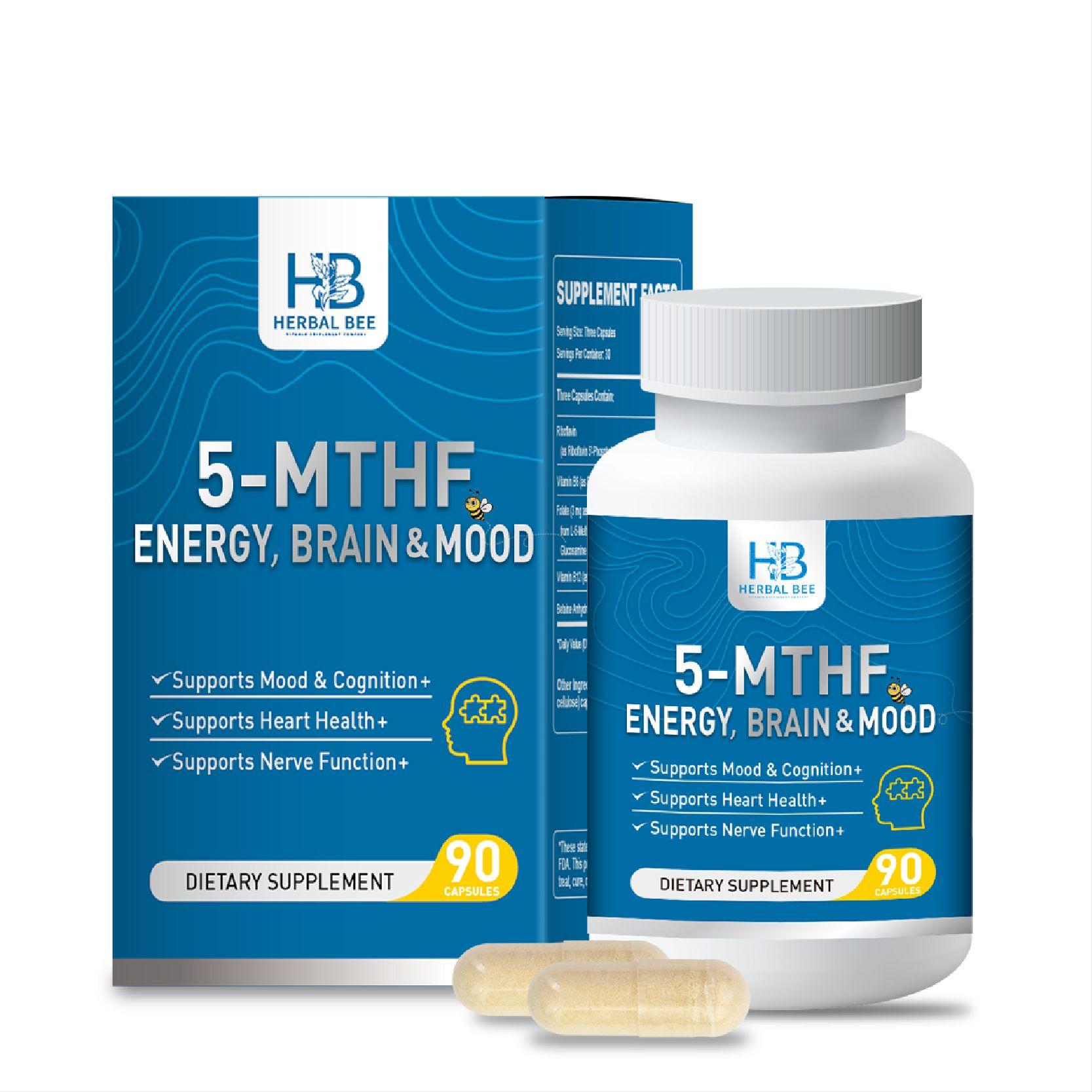 Herbal Bee 5-MTHF Energy, Brain & Mood – Methylated Folate with B6, B12, Riboflavin – Supports Cognitive Health | 90 Capsules image