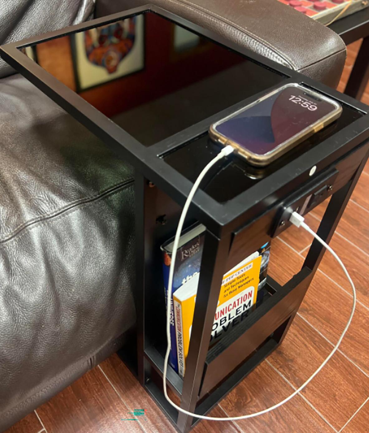 Modern C-Table, black metal/glass, USB & power outlet, magazine rack, slides under sofa, pack 1 image