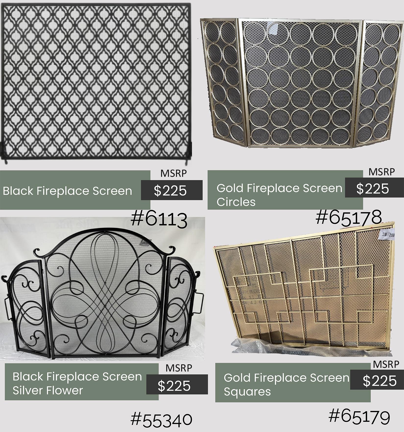 Elegant modern fireplace screens in black, gold, and silver; floral metal designs, gold square accents, sleek contemporary style. image