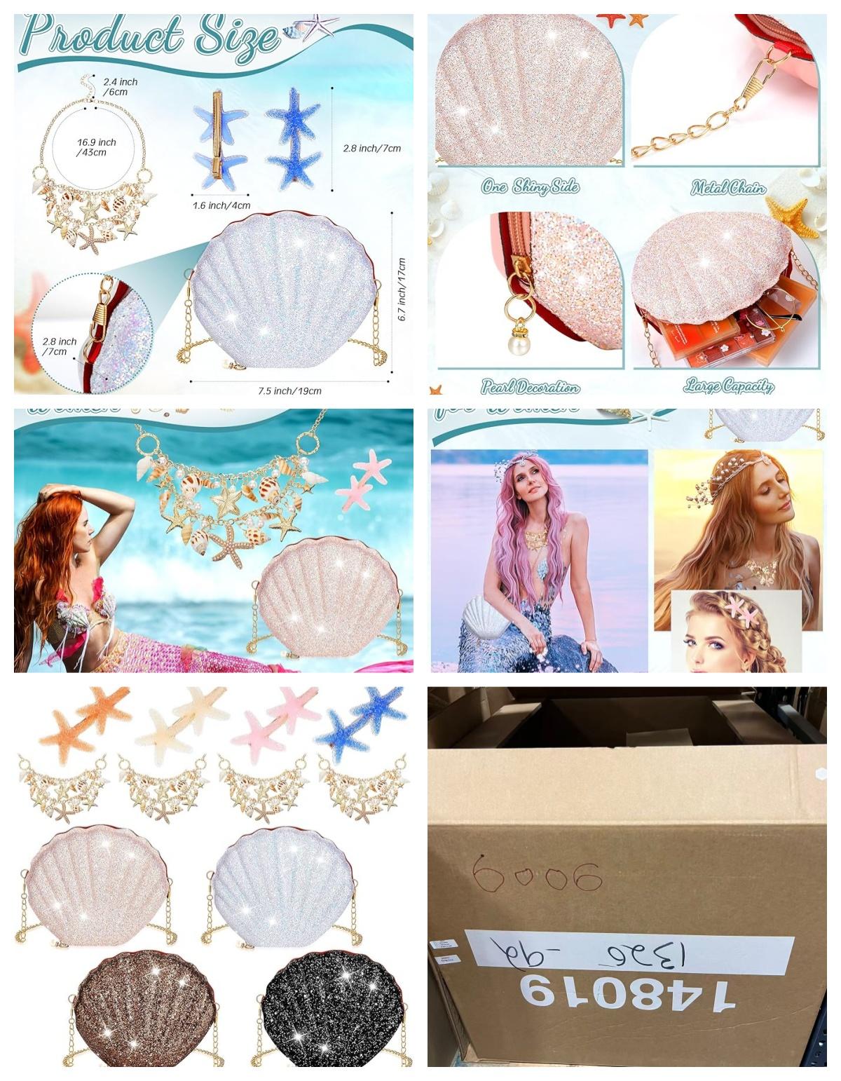 12 Pcs Mermaid Costume Accessories incldue Seashell Crossbody Bag with Starfish Hair Clip Chunky Mermaid Tail Necklace