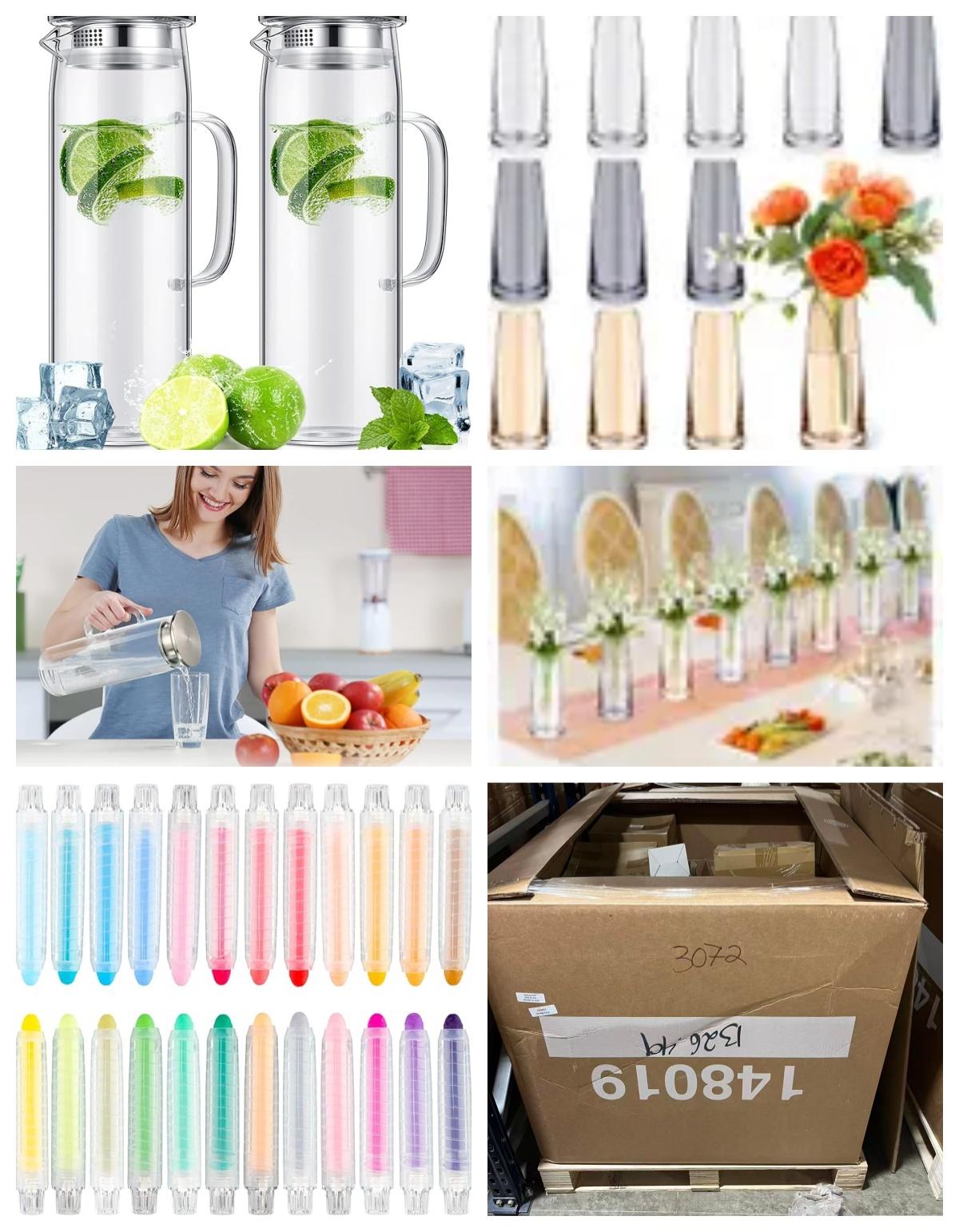 Mixed Pallet:2 Pcs Glass Water Pitcher Fridge with Lid and Handle ,12 Pcs Glass Flower Vases for Centerpieces, 48Pcs Dustless Chalk Set