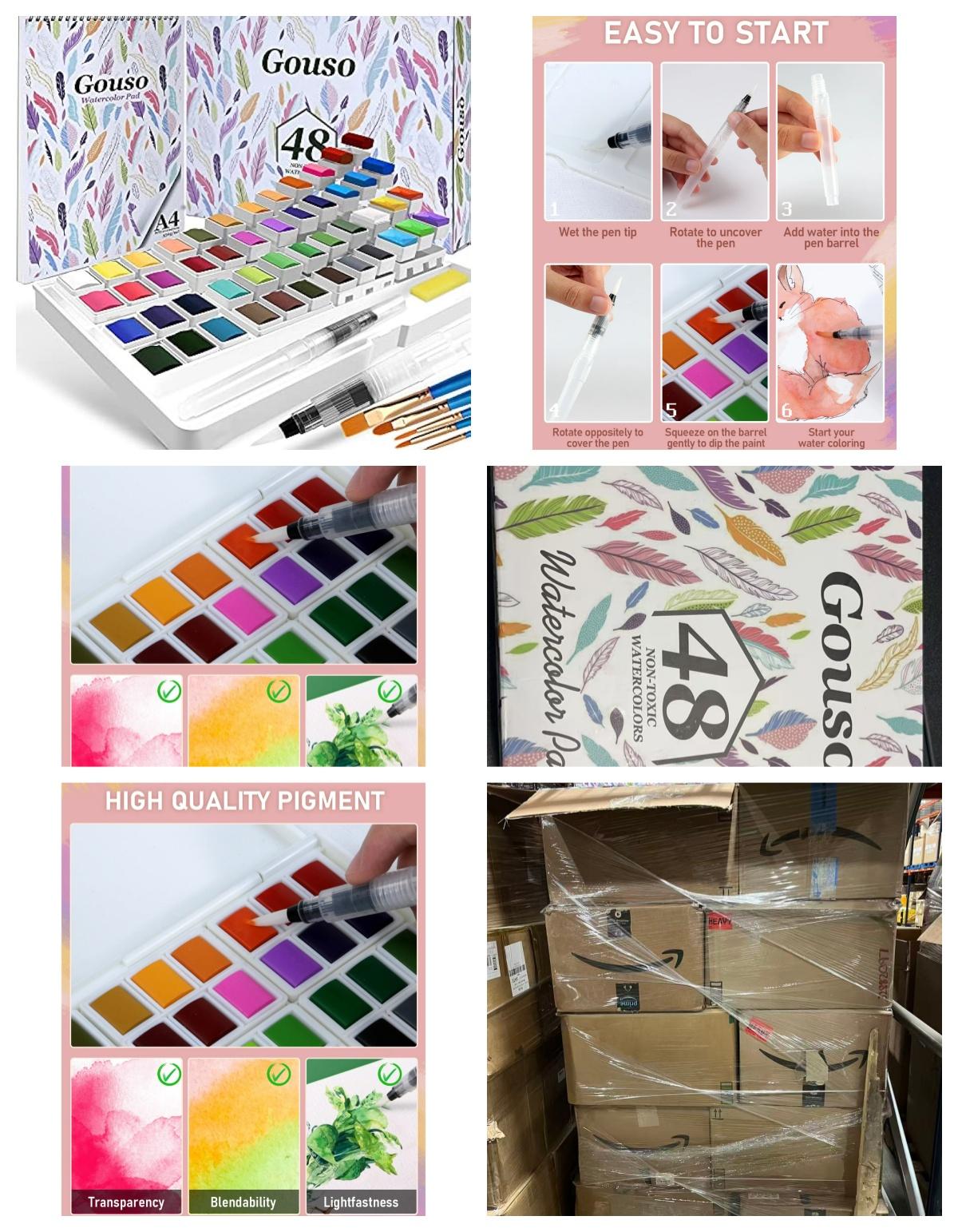 48 Watercolor Paint set,With Metallic Colors and Palette - Refillable Water Blending Brush Pens-A4 Water Color Paper -Portable Painting,colors are vib