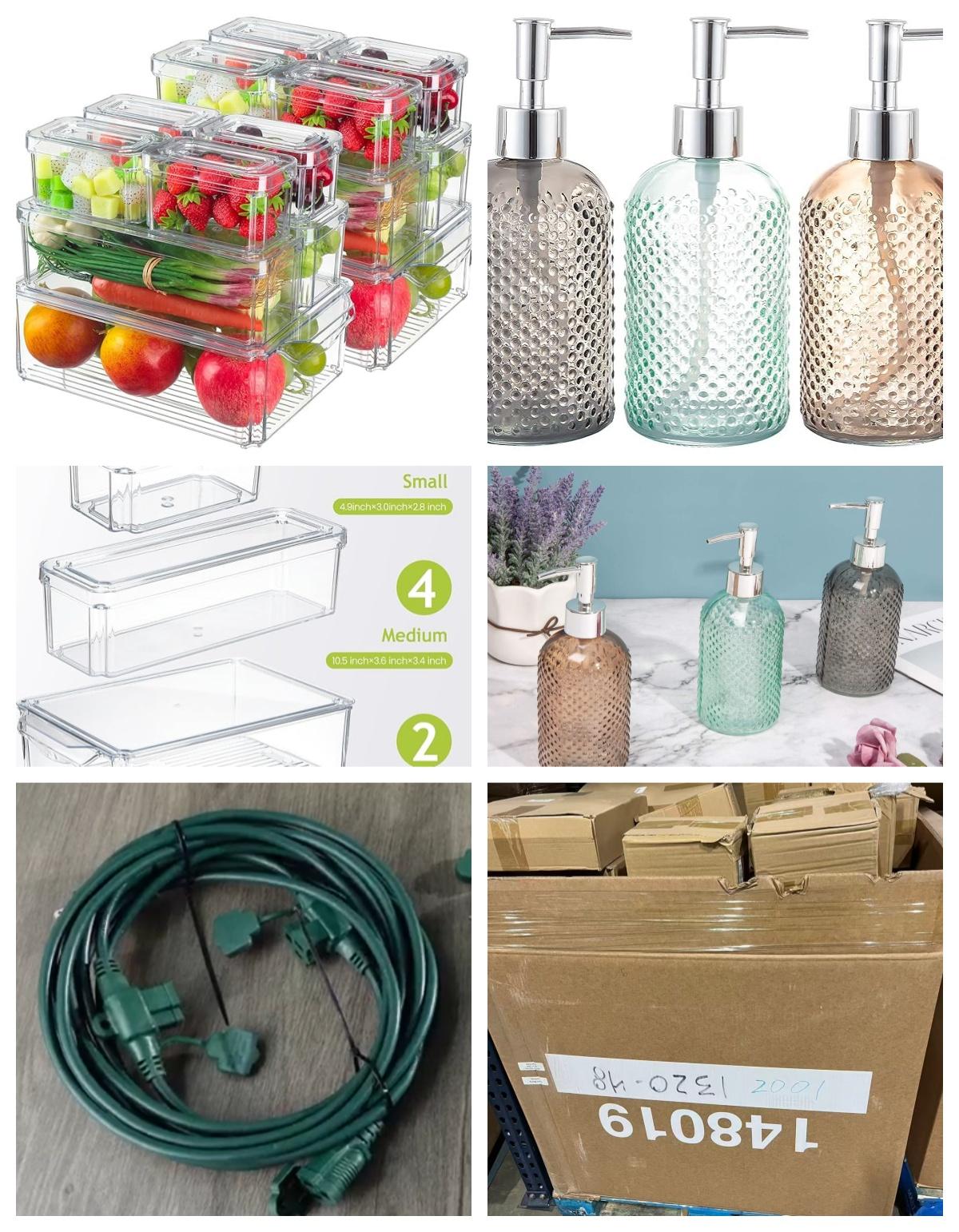 Mixed Pallet: Assorted Glass 15 Ounce Lotion Soap Dispenser Bottle, Fridge Organizer Fruit Storage Containers with Lids,8 Sets Balloon Stand Kit