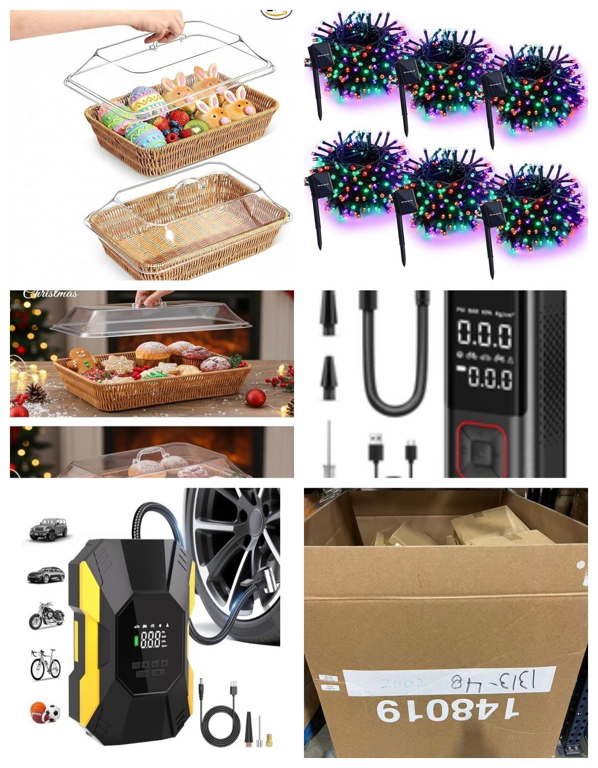  2 Set Wicker Bread Basket with Acrylic Lid , 6 Pcs Halloween Green Orange, Purple Solar Outdoor String Lights, Tire Inflator Portable Compressor image