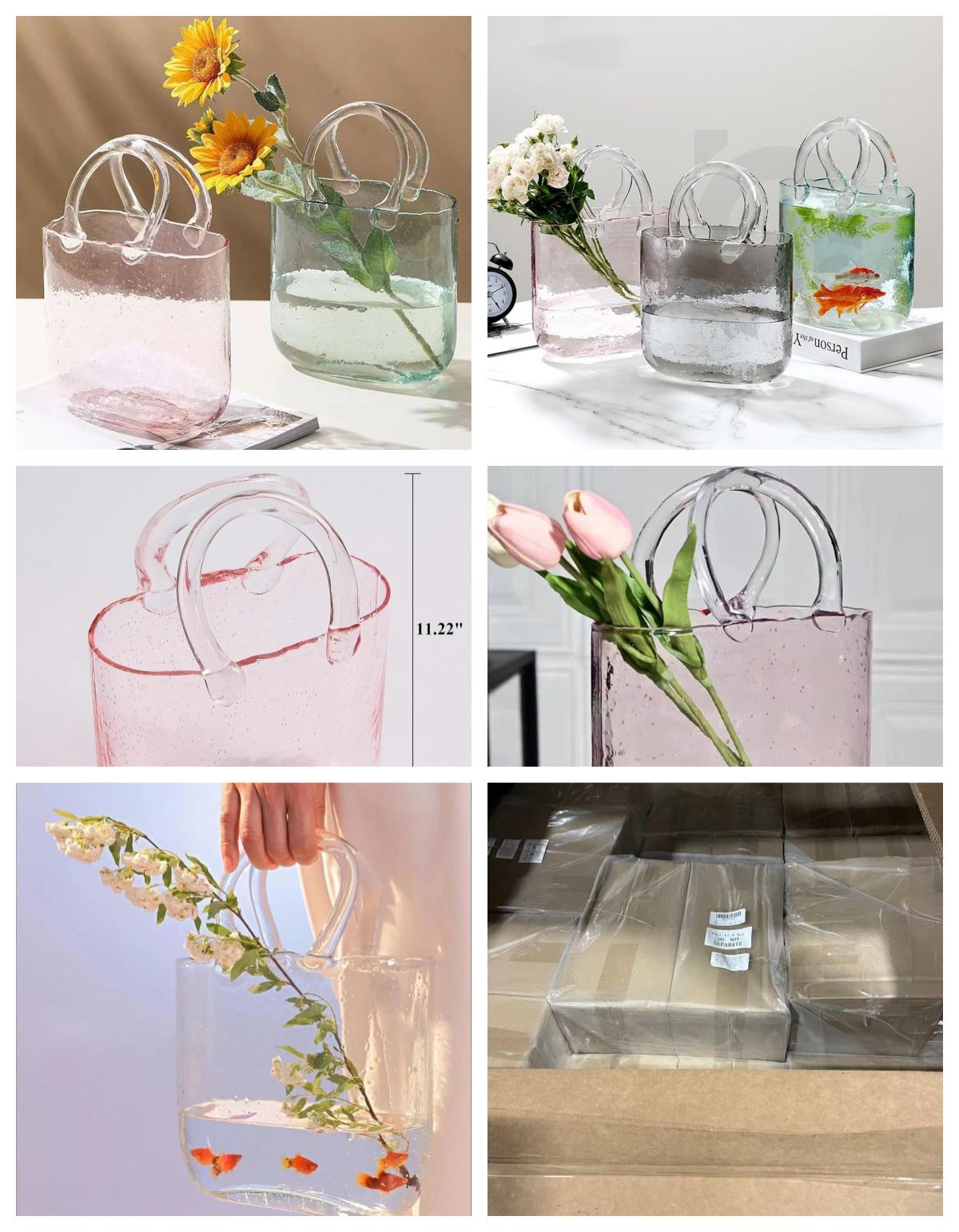 2 Pcs Glass Purse Vase Hand Blown Glass Bag Vase with Handles Clear Vase with Air Bubbles Design(Light Blue, Light Pink) image